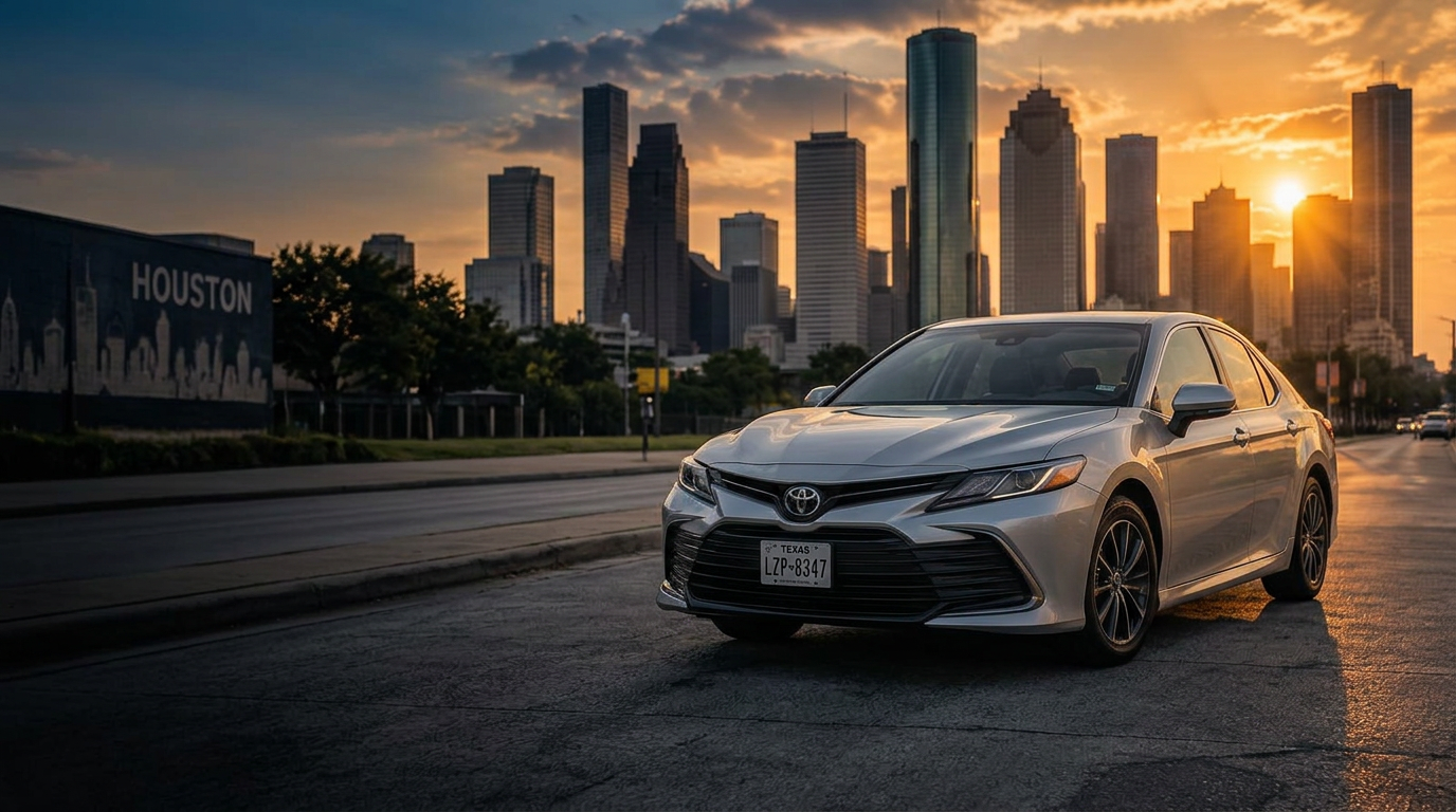 Silver Toyota Camry with the Houston skyline